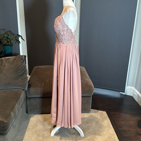 Women’s Pink Chiffon & Lace Appliqué Bridesmaid Dress Zip Up & Leg Slit Size 8 - Picture 6 of 12